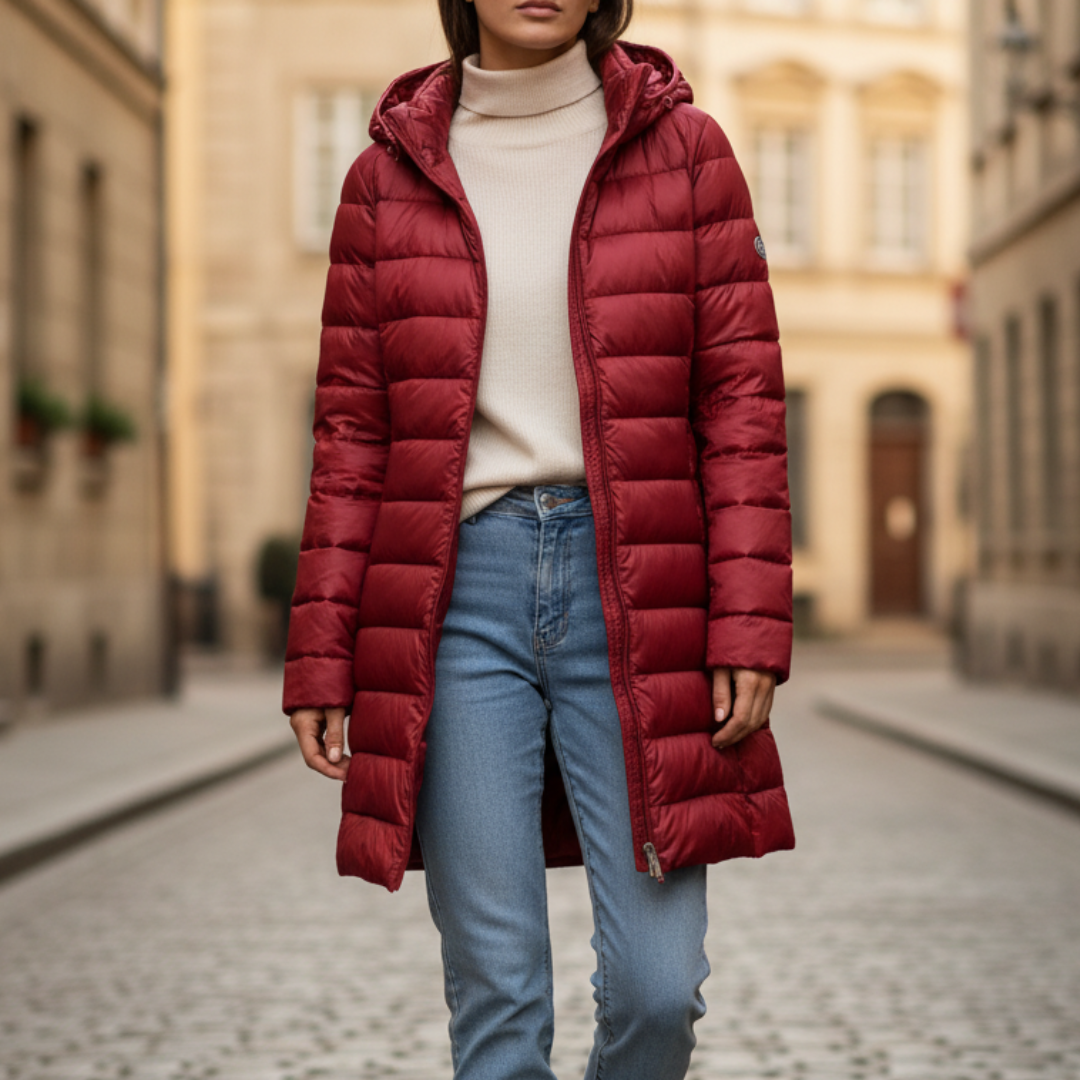 Women's long quilted winter down coat with hood, water-resistant insulation, tailored silhouette