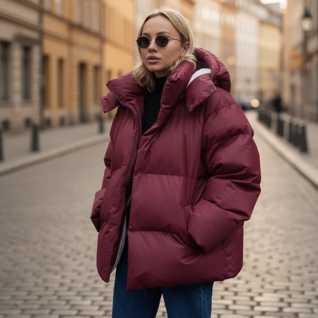 Women's black padded polyester parka with hood, cold-weather insulated slim-fit coat