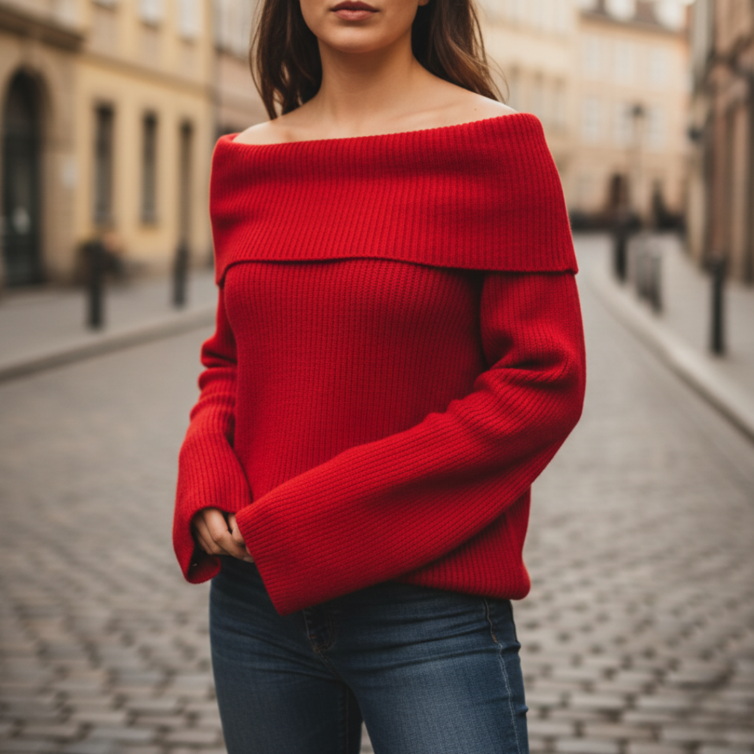 Women's off-shoulder ribbed knit top blended fabric fitted silhouette wide folded neckline casual