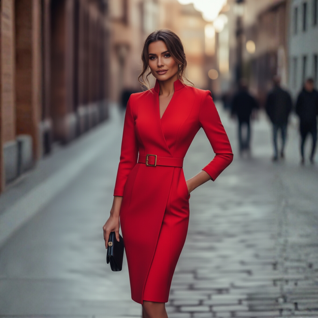 Women's black sheath dress with waist belt, elegant slim-fit silhouette for work or semi-formal wear