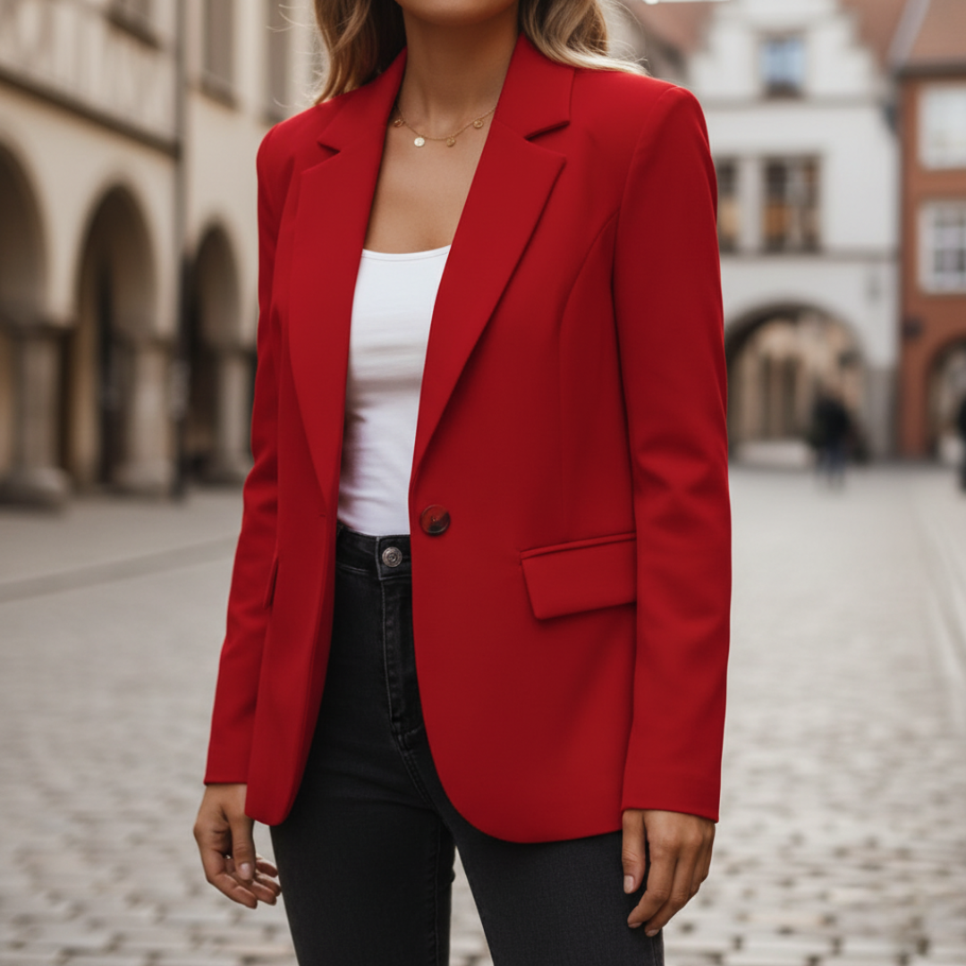 Women's professional blazer classic fit with button closure available in black blue beige red and white