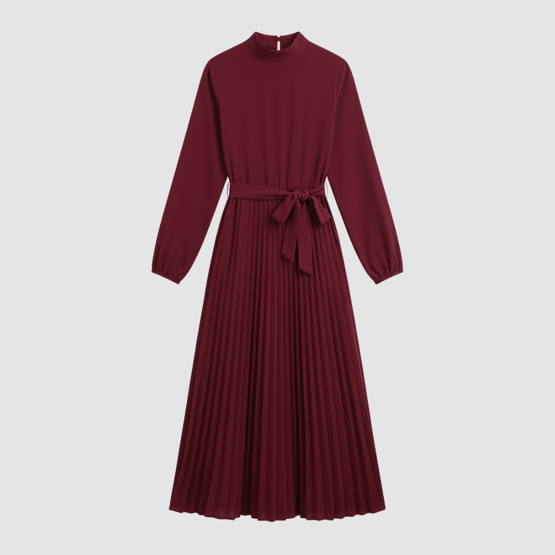 Women's long pleated dress with belt, high neckline, long sleeves, elegant formal silhouette
