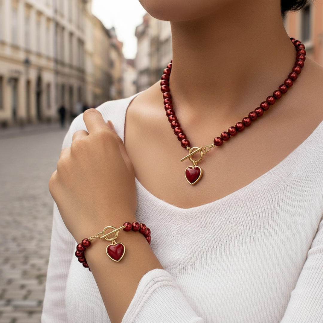 Handmade pearl necklace and bracelet set with golden heart pendant, red and white elegant women's jewelry