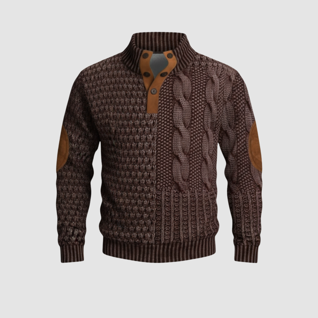Men's cable knit high collar sweater with suede leather accents, regular fit versatile style