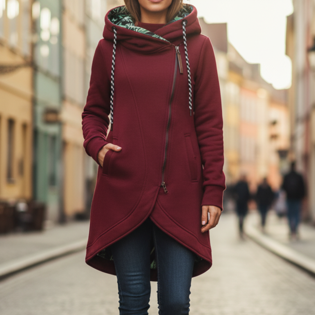 Women's hooded winter jacket in pink front zip closure soft fabric cold weather warmth