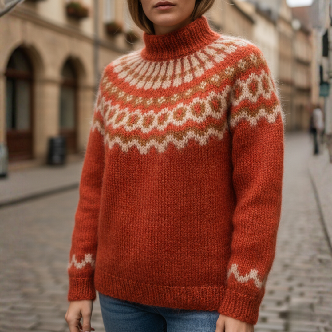 Women's cozy high neck knit sweater Nordic jacquard pattern soft warm winter style