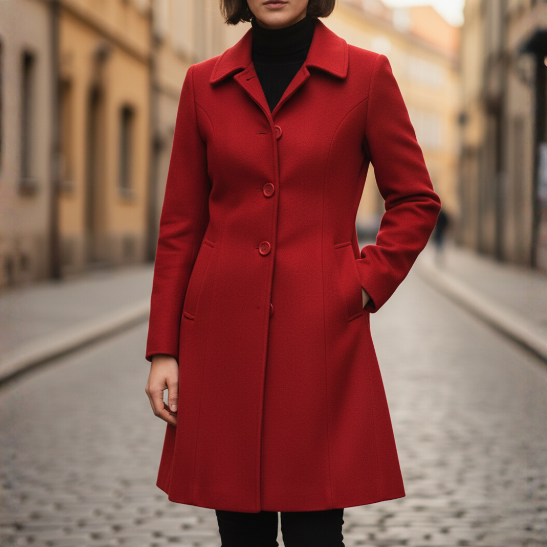 Women's elegant black or red button-front coat with side pockets, classic slim cut for office wear
