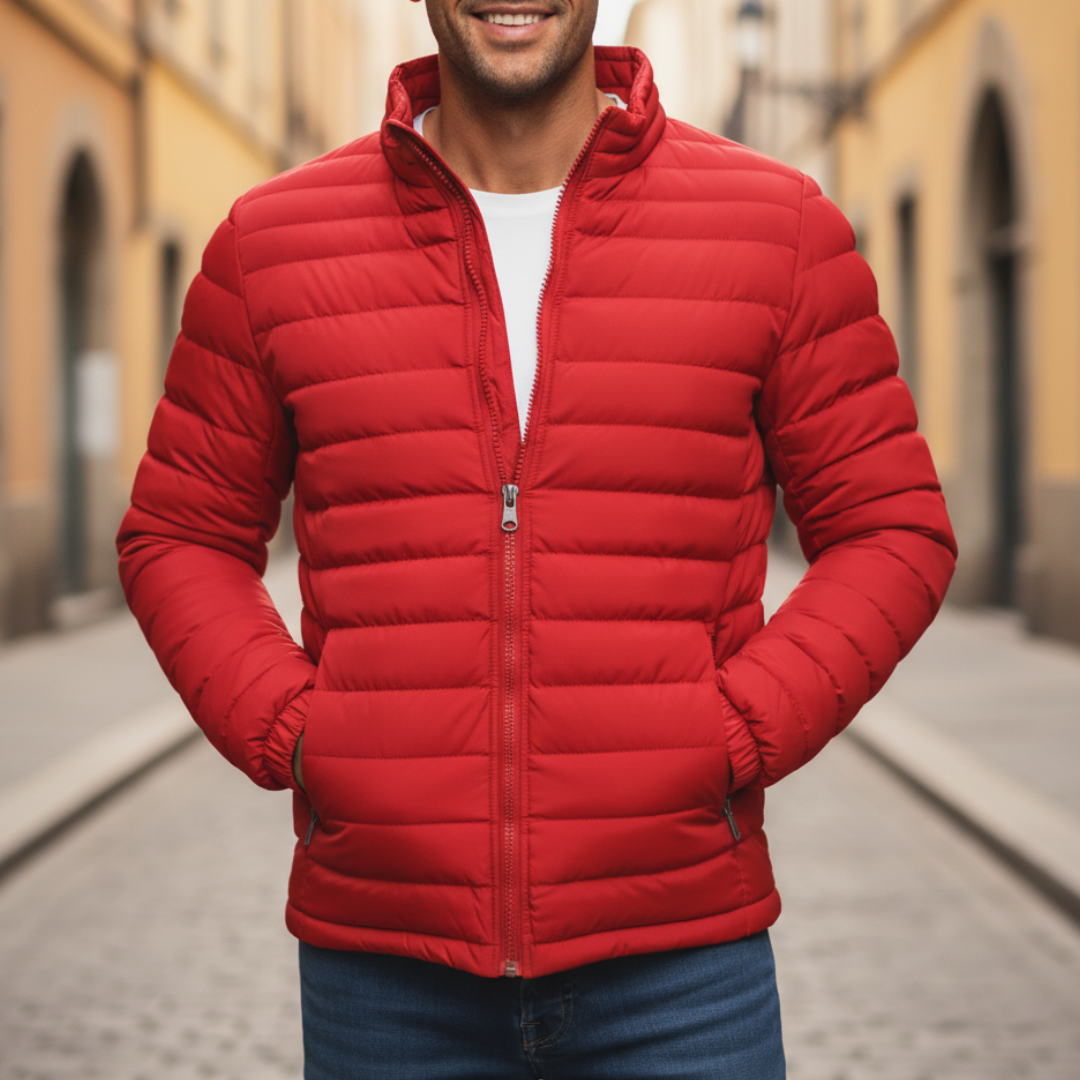 Men's black puffer down jacket durable quilted coat cold weather active sporty insulated outerwear