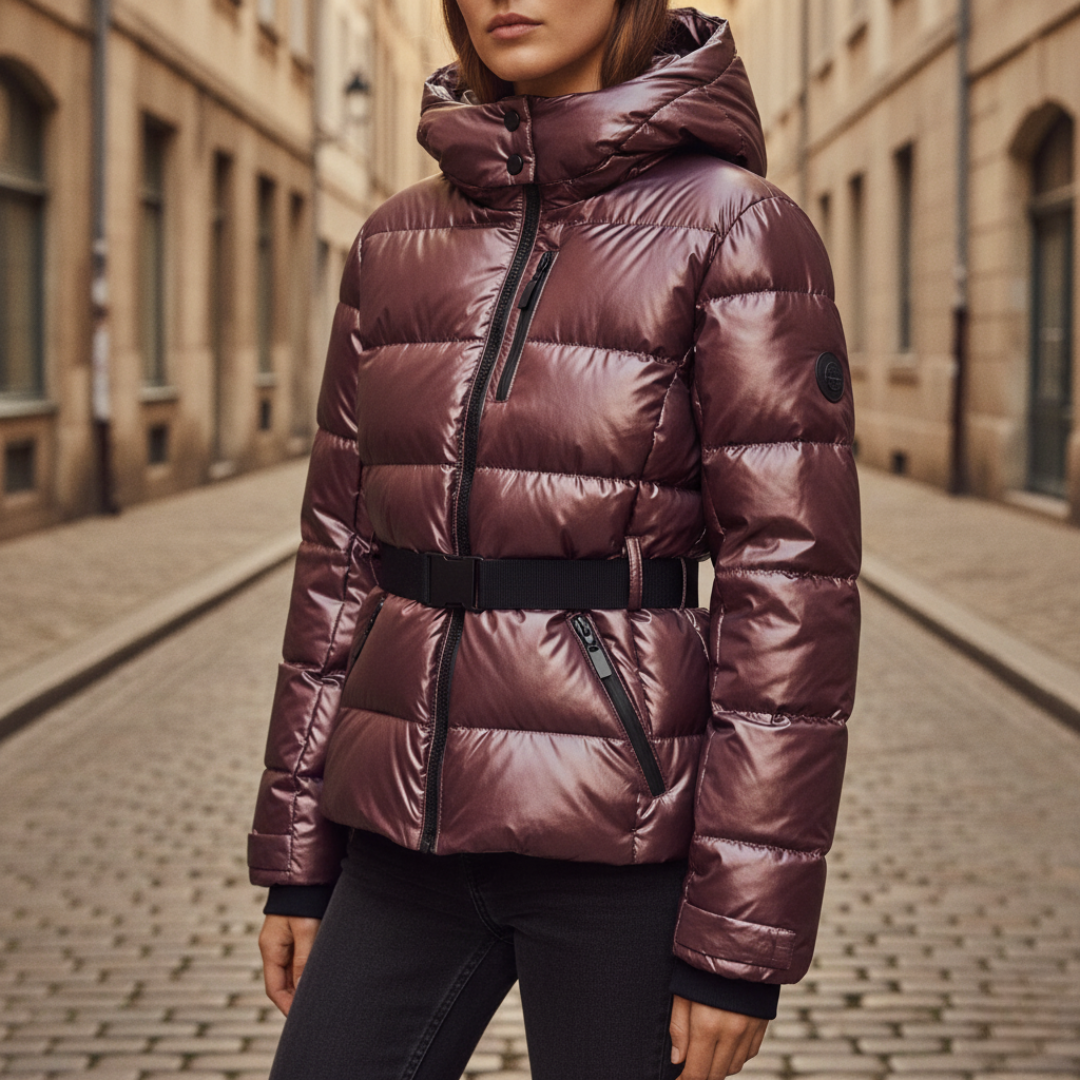 Women's insulated hooded down puffer jacket lightweight cold weather warmth clean silhouette