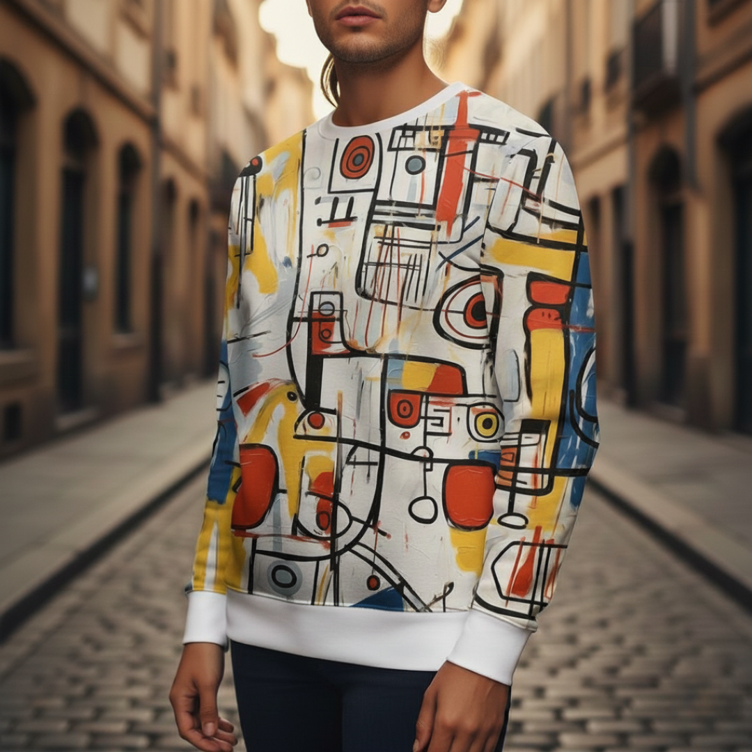 Men's geometric pattern sweater in vibrant multicolor modern fit with bold contemporary design