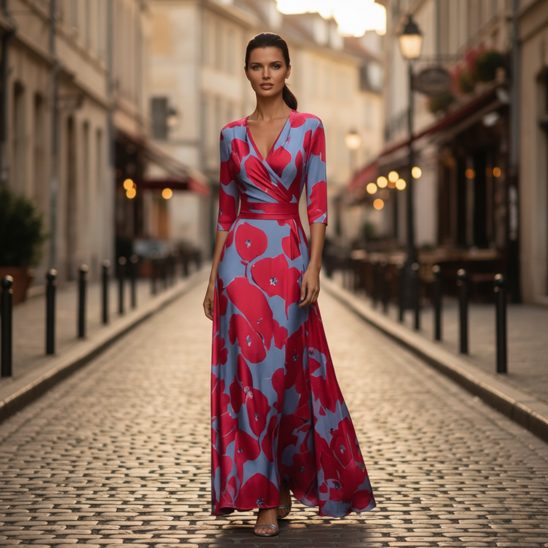 Women's floral print long sleeve dress lightweight fabric elegant formal silhouette, beige blue pink red