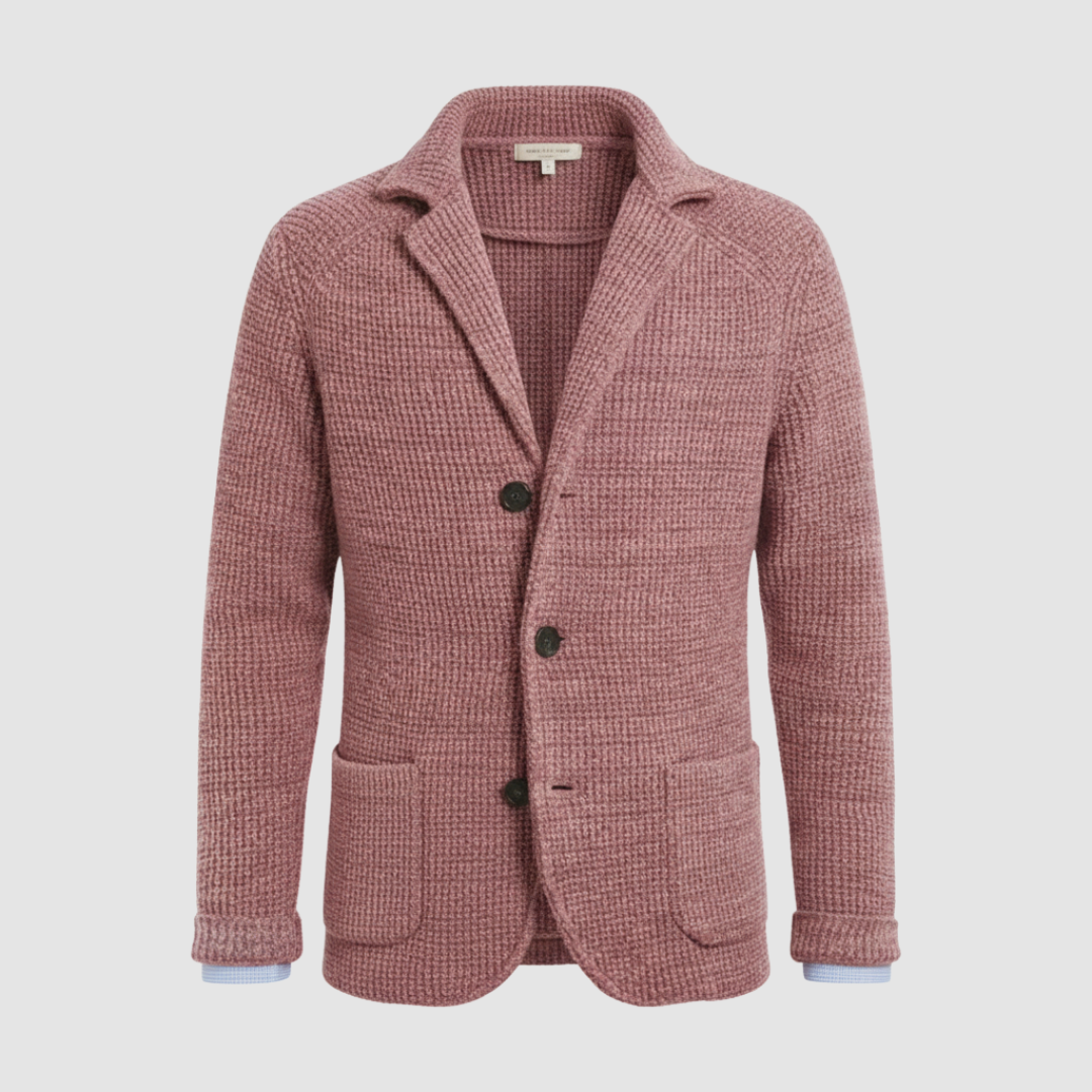Men's beige honeycomb knit blazer notched collar two-button slim-fit textured unlined jacket