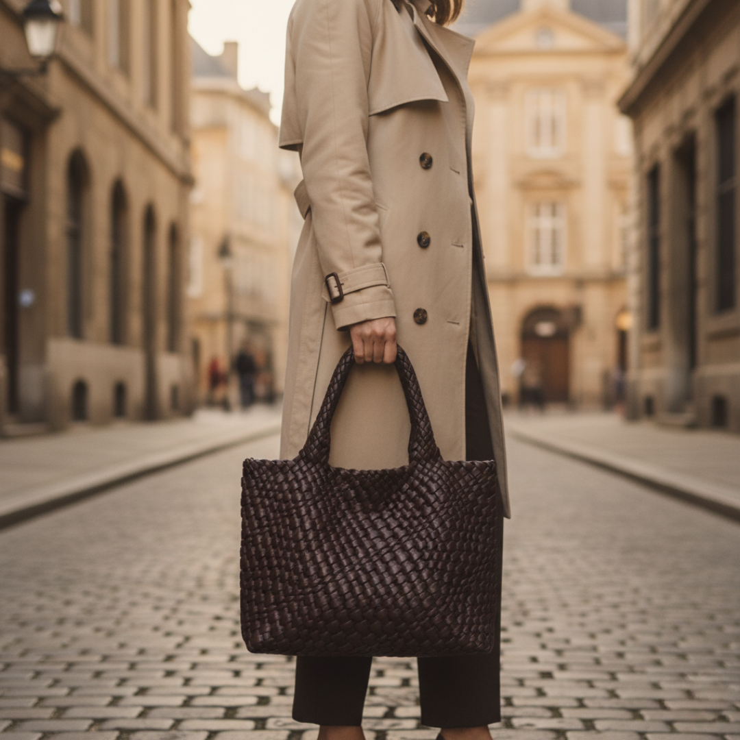 Women's black woven leather tote bag elegant spacious silhouette with durable timeless finish