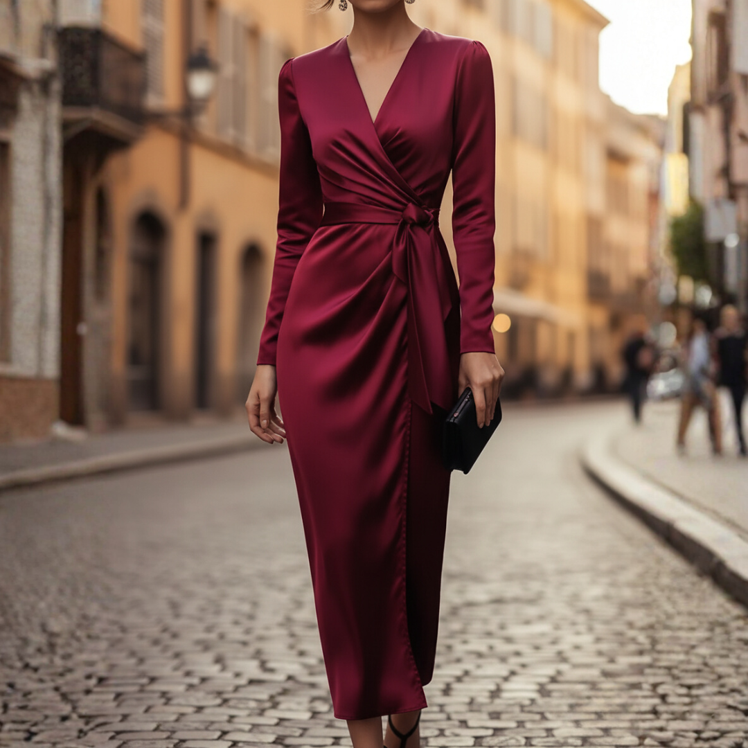 Women's elegant long wrap dress with waist belt, fluid drape, cocktail & ceremony evening gown