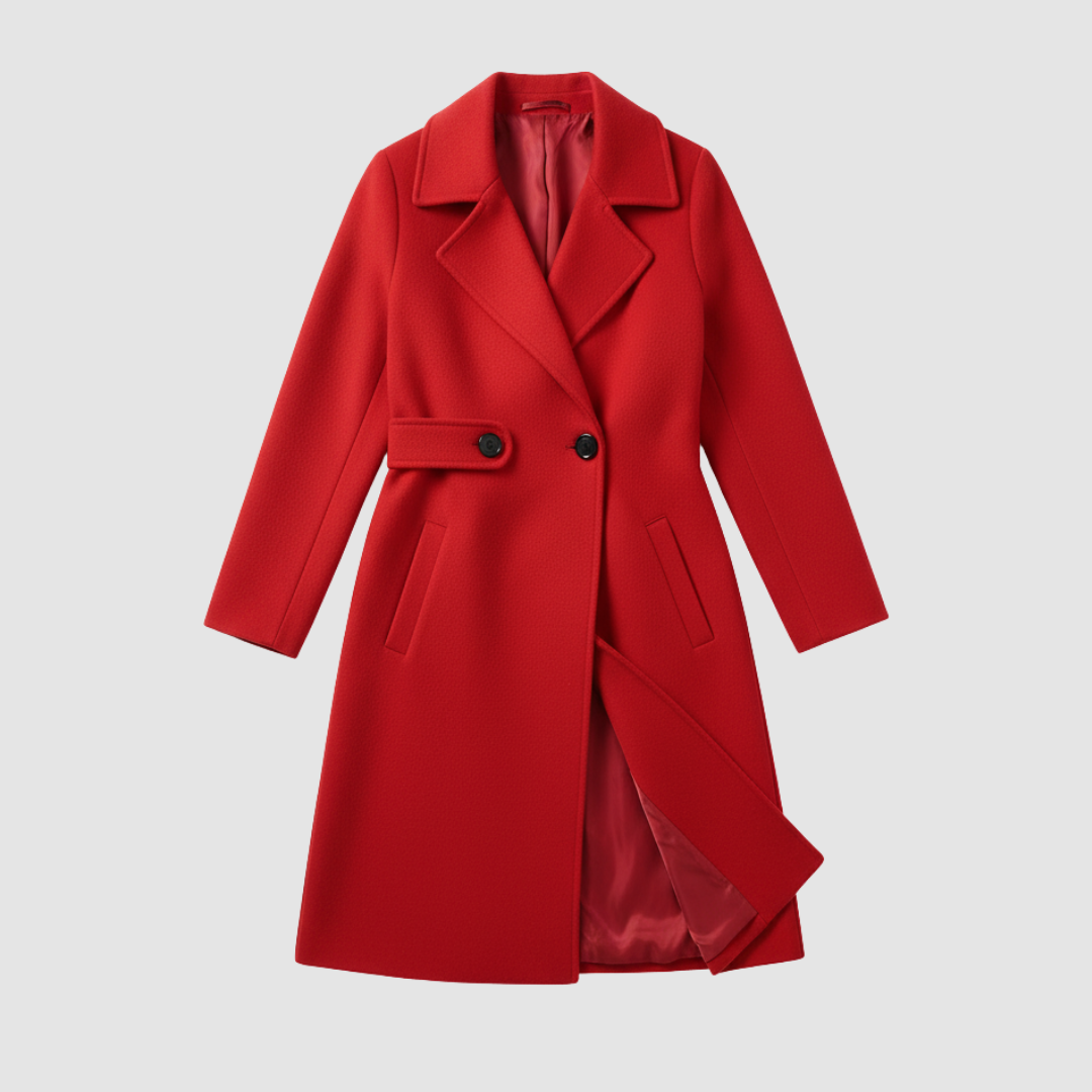 Women's belted wool coat in beige, orange or red with adjustable waist belt for elegant winter wear