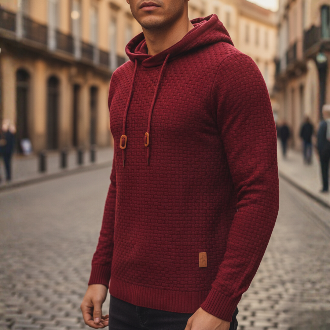 Men's beige polyester hoodie sweatshirt with adjustable hood and front pocket, casual sporty fit