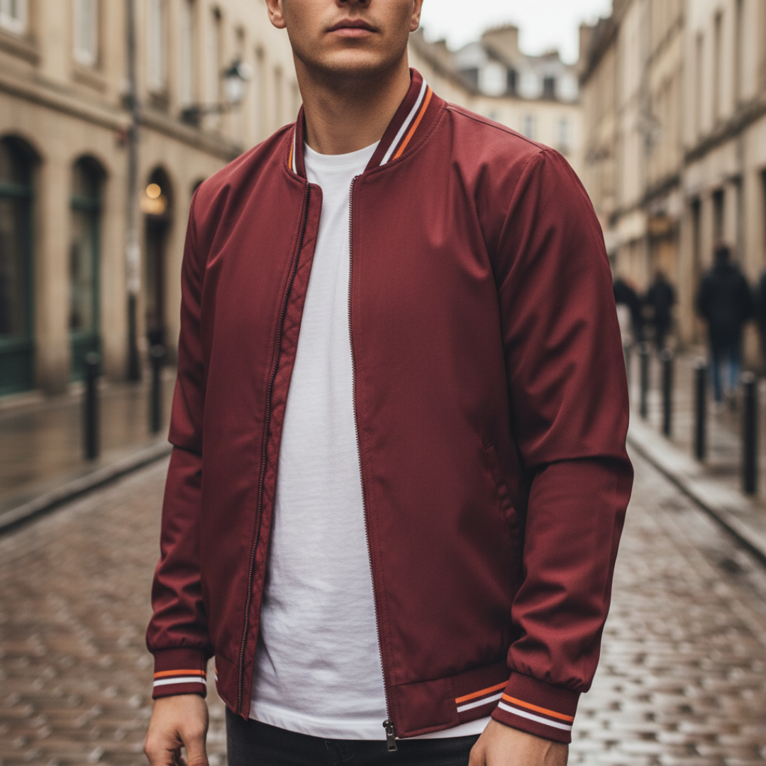 Men's black bomber jacket casual sporty cut with striped details and durable fabric zip closure
