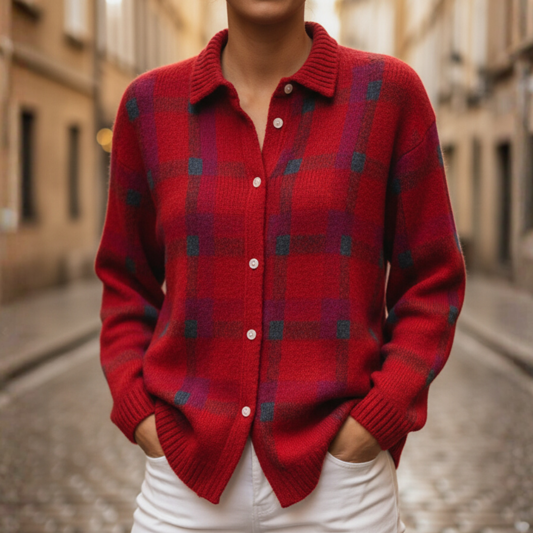 Women's plaid shirt sweater in blue, orange & green, soft knit fabric with button collar
