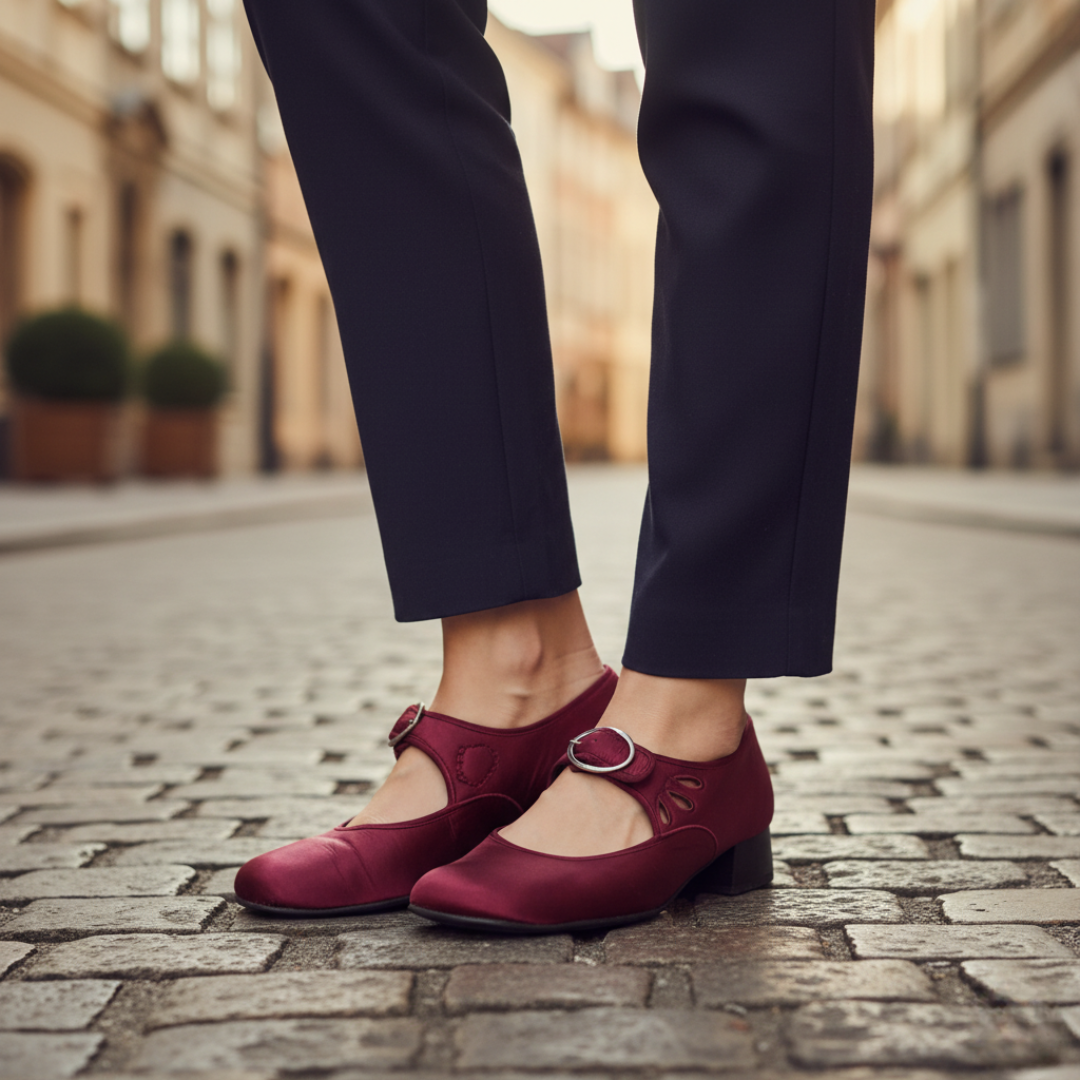 Women's black eco-leather low heel shoes with buckle strap, polished office-ready style