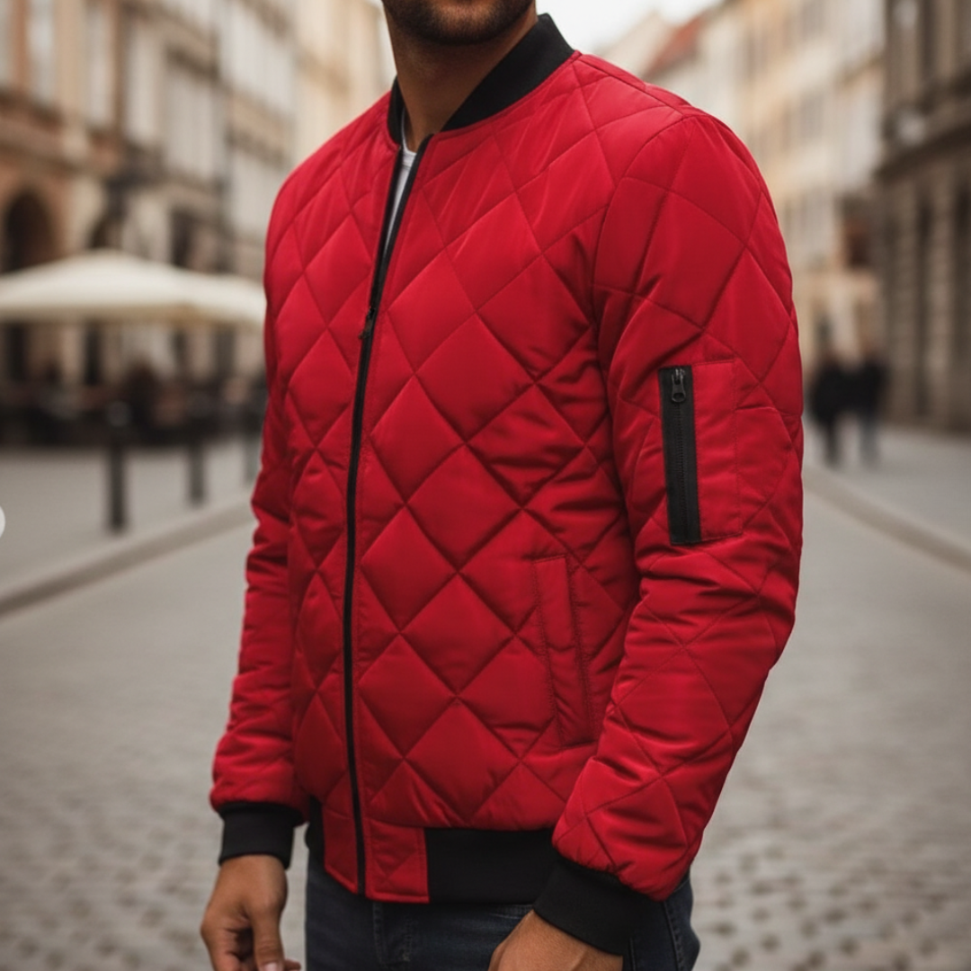 Men's blue lightweight synthetic bomber jacket with slim padding for autumn winter layering