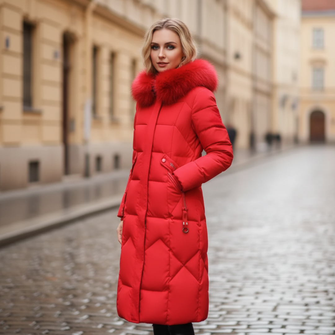 Women's black padded jacket with fur collar and adjustable hood for winter warmth and style