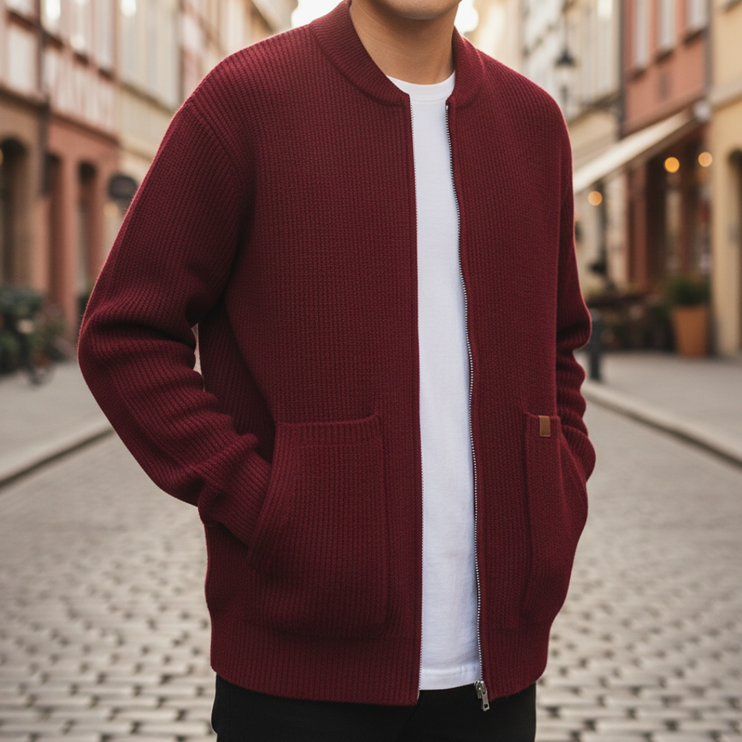 Men's high neck zip cardigan ribbed knit polyester turtleneck slim fit cool weather layering piece