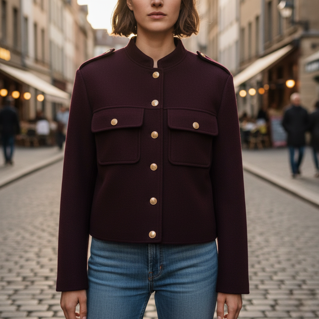 Women's casual chic high collar polyester jacket with golden buttons and front pockets, black brown gray red