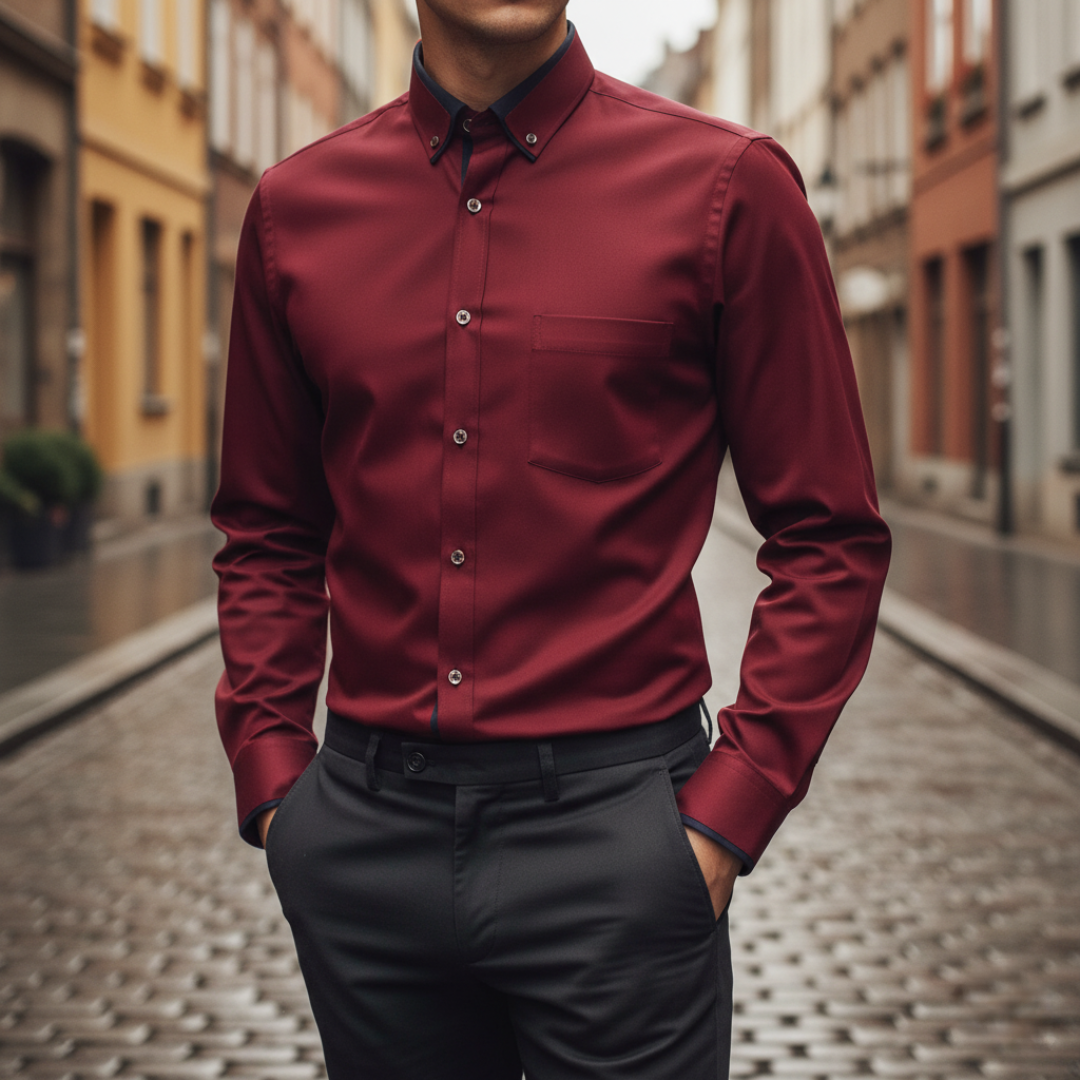 Men's slim fit dress shirt in blue contrast collar breathable formal long sleeve elegant top