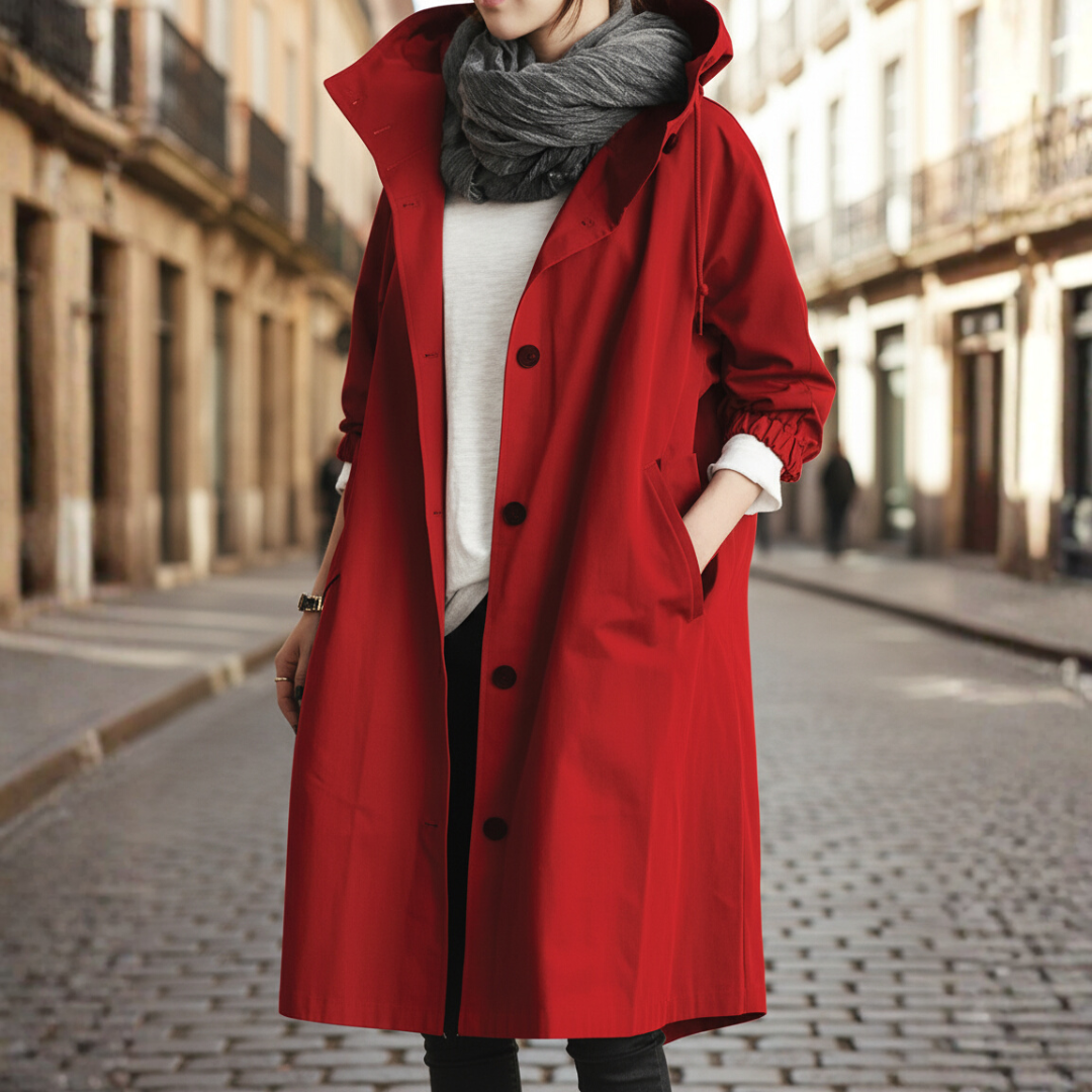 Women's waterproof hooded coat high collar button closure casual rain-ready outerwear all-weather