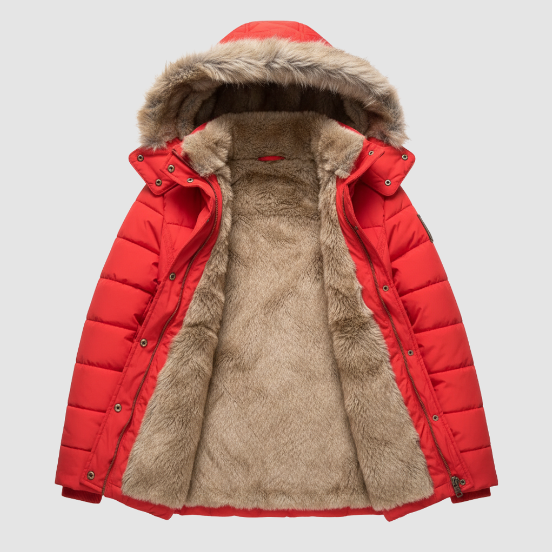 Women's lightweight padded nylon hooded jacket in neutral tone, streamlined silhouette for urban winter wear