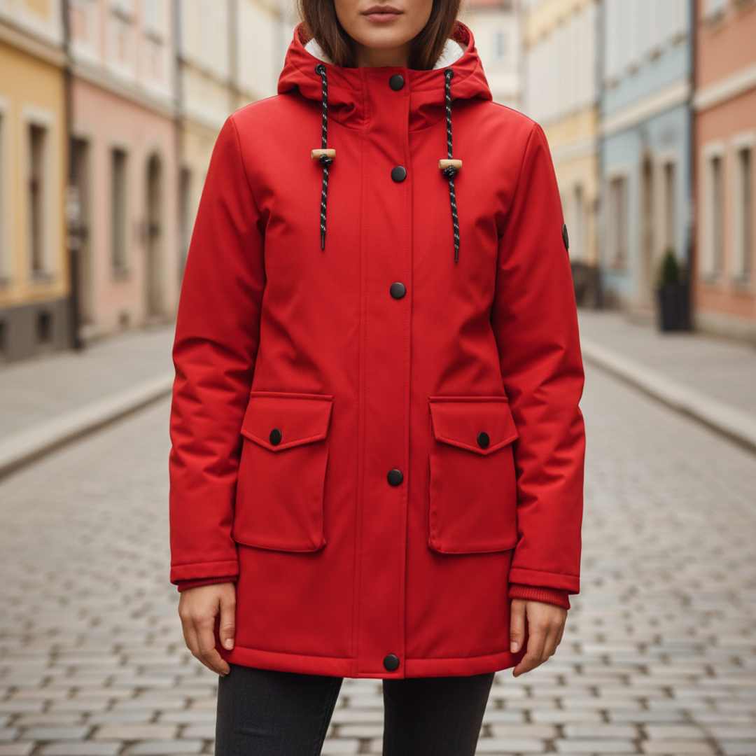 Women's waterproof hooded jacket in versatile silhouette with adjustable hood for all-weather protection