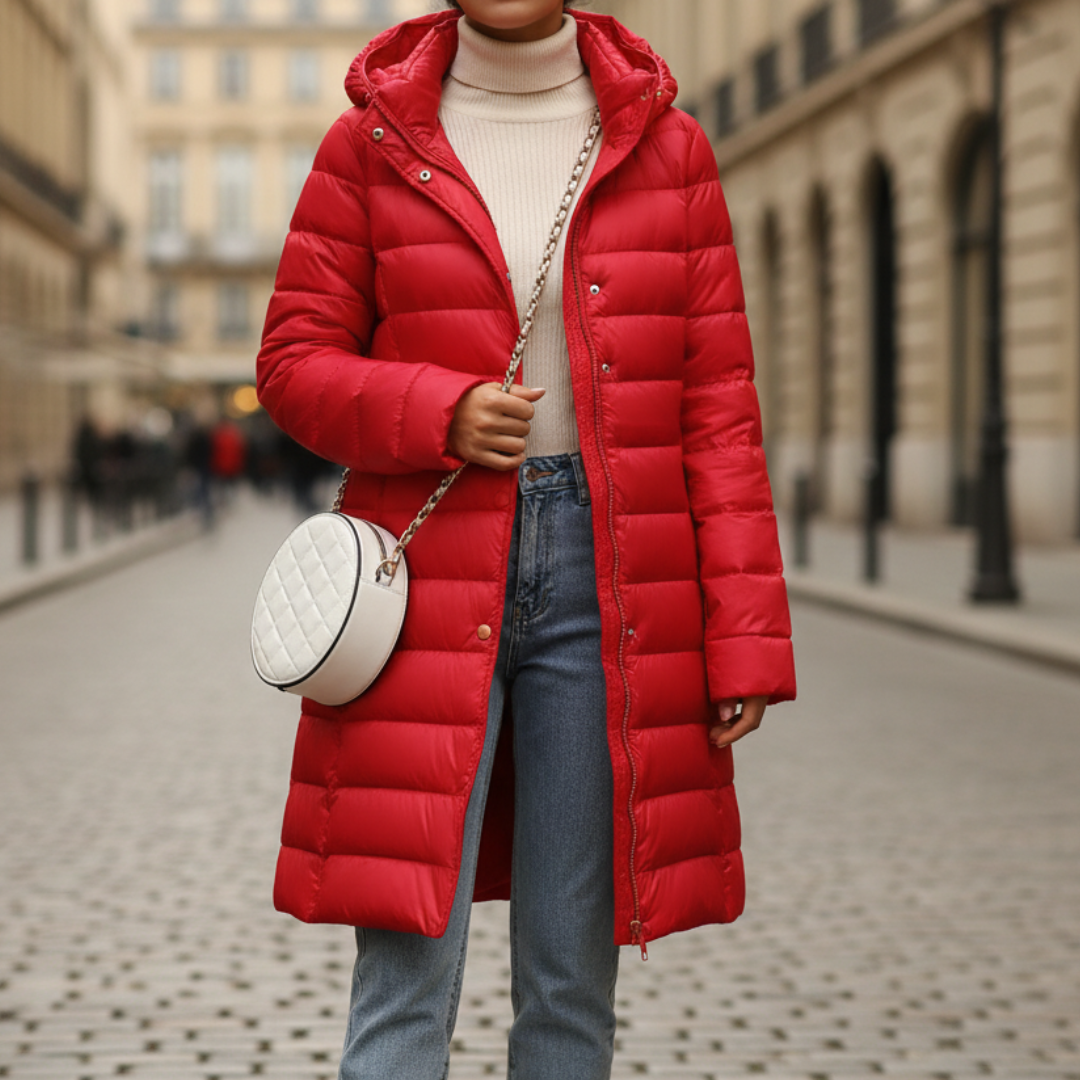 Women's long quilted winter down jacket with hood, water-resistant cold-weather coat tailored fit