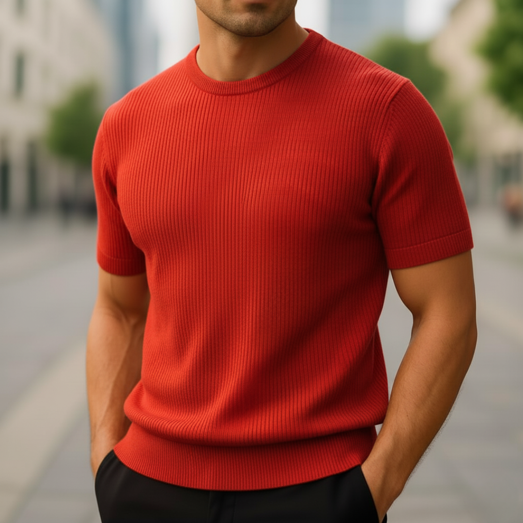 Men's slim fit short sleeve cashmere sweater lightweight breathable knit for warm climates