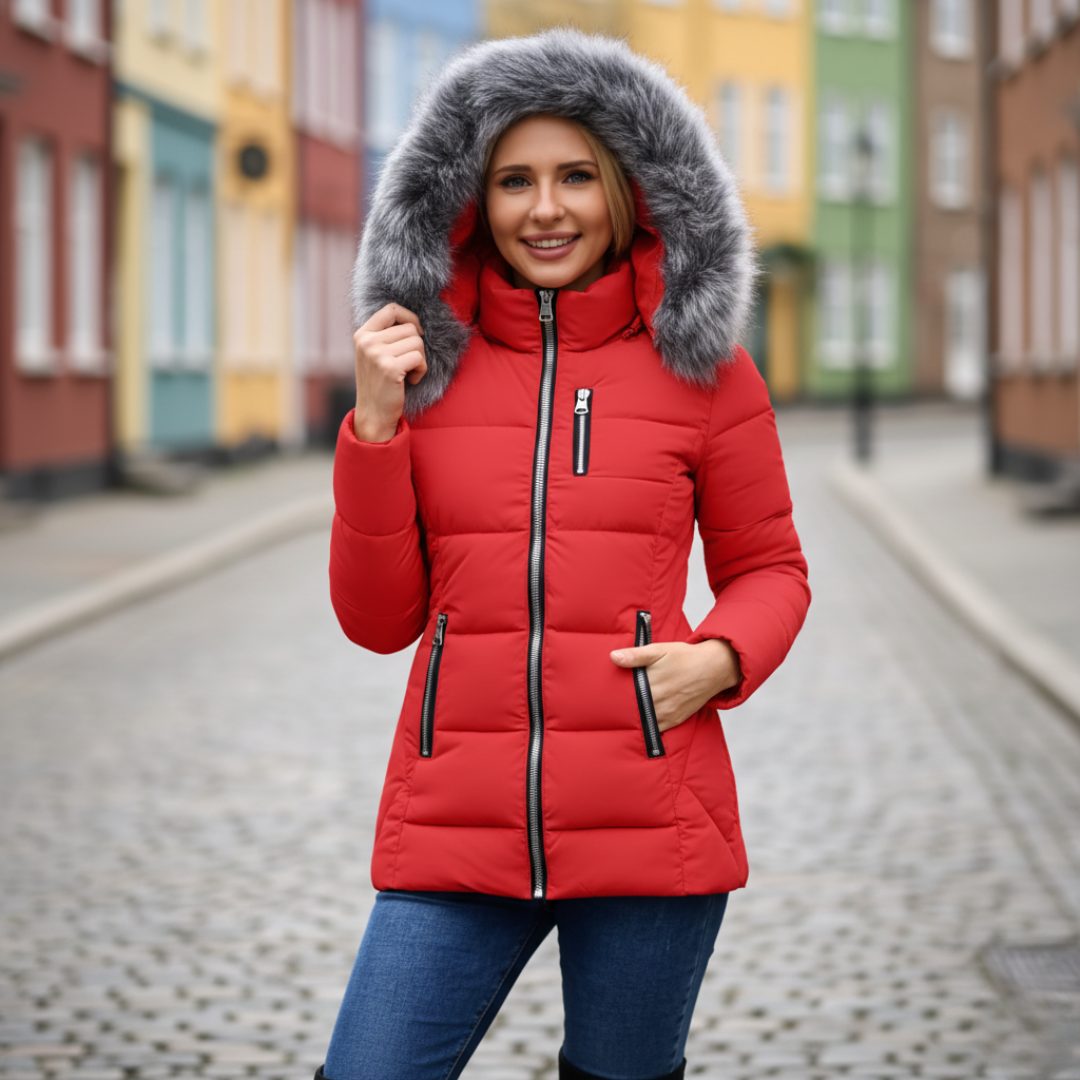 Women's windproof down jacket with removable faux fur hood, thermal insulation, tailored silhouette