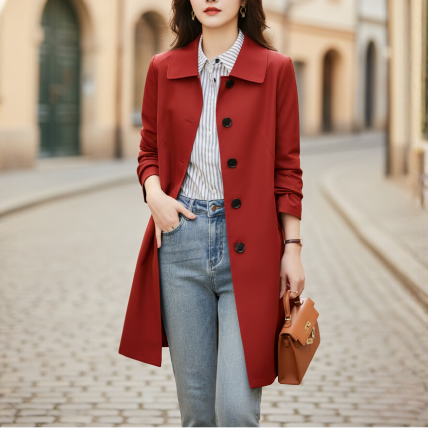 Women's short lightweight polyester trench coat, classic silhouette for professional and casual wear