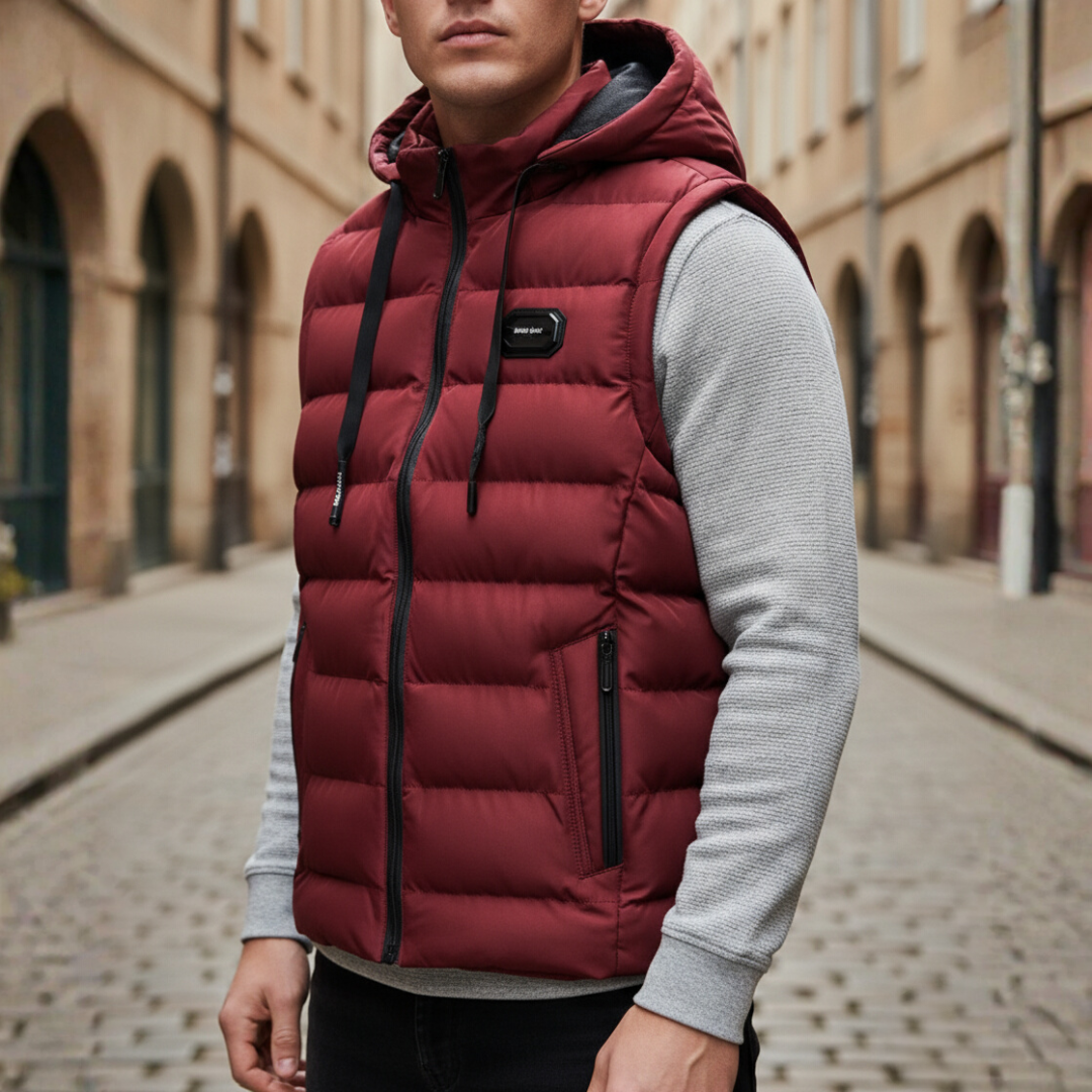 Men's gray hooded down vest lightweight sleeveless polyester outerwear with thermal warmth