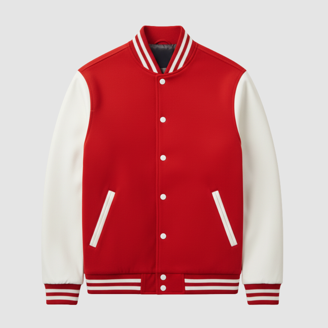 Two-tone varsity jacket unisex snap-front ribbed trim white striped sleeves college style