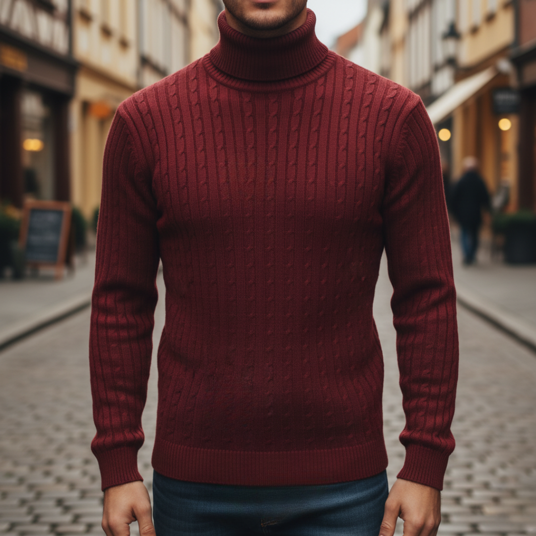 Men's cable knit turtleneck sweater slim fit polyester cold weather everyday winter wear