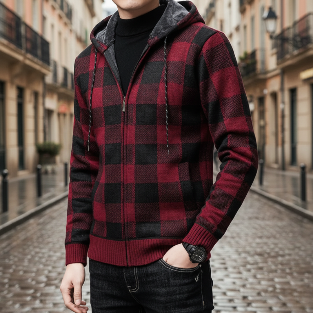 Men's plaid hooded cardigan adjustable hood cozy winter casual jacket blue brown green gray
