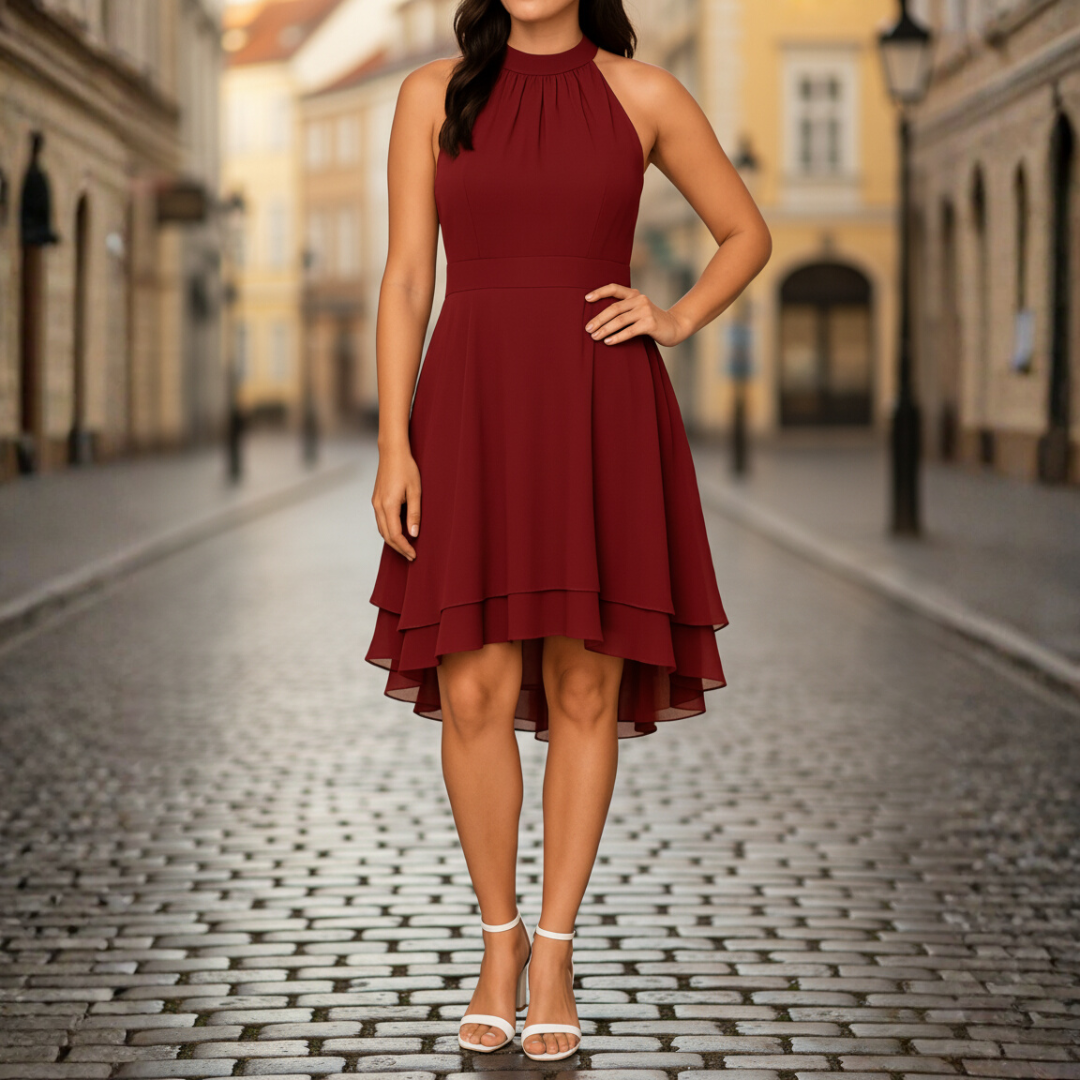 Women's halter neck layered evening gown, elegant lightweight dress with timeless silhouette