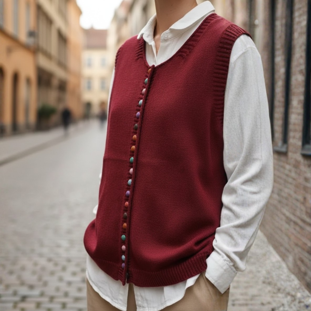 Women's wool acrylic knit vest V-neck short fit with colorful side button closure layering