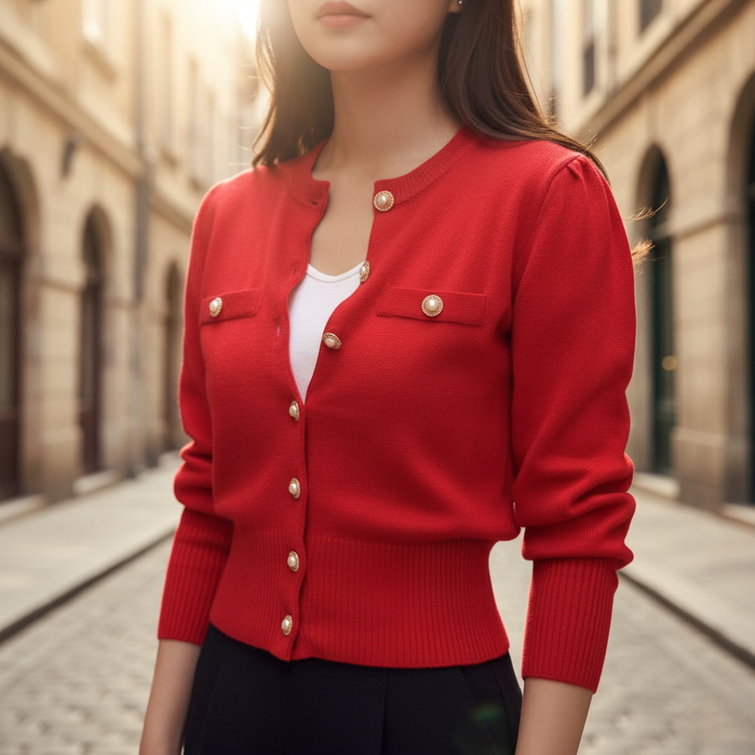 Women's mixed fabric cardigan with front button closure in classic structured everyday office style