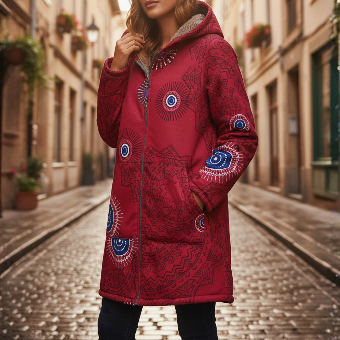 Women's floral hooded winter jacket with warm lining and zip closure, cozy modern style