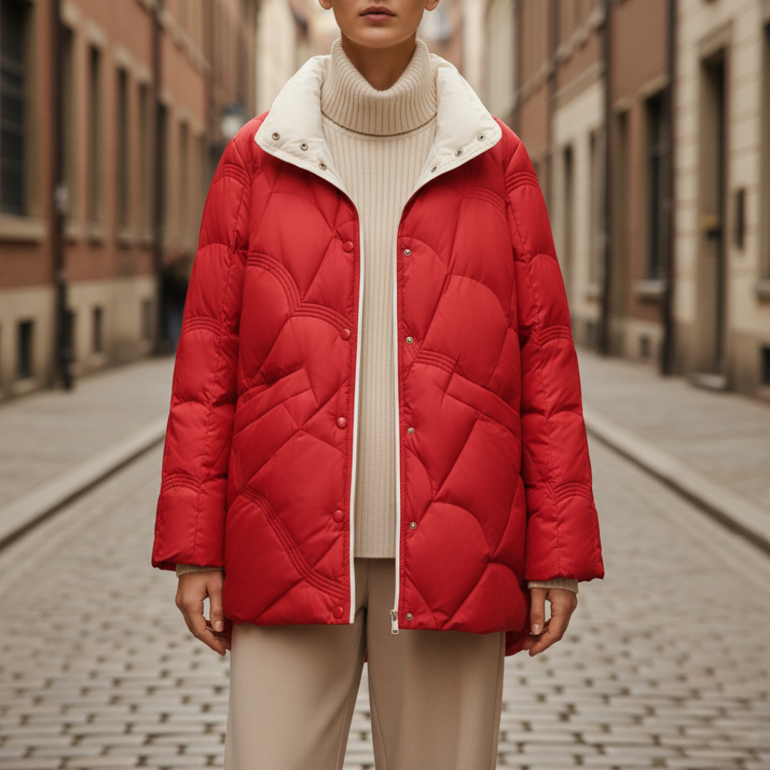 Women's oversized quilted down jacket with geometric pattern, thermal insulation, winter coat