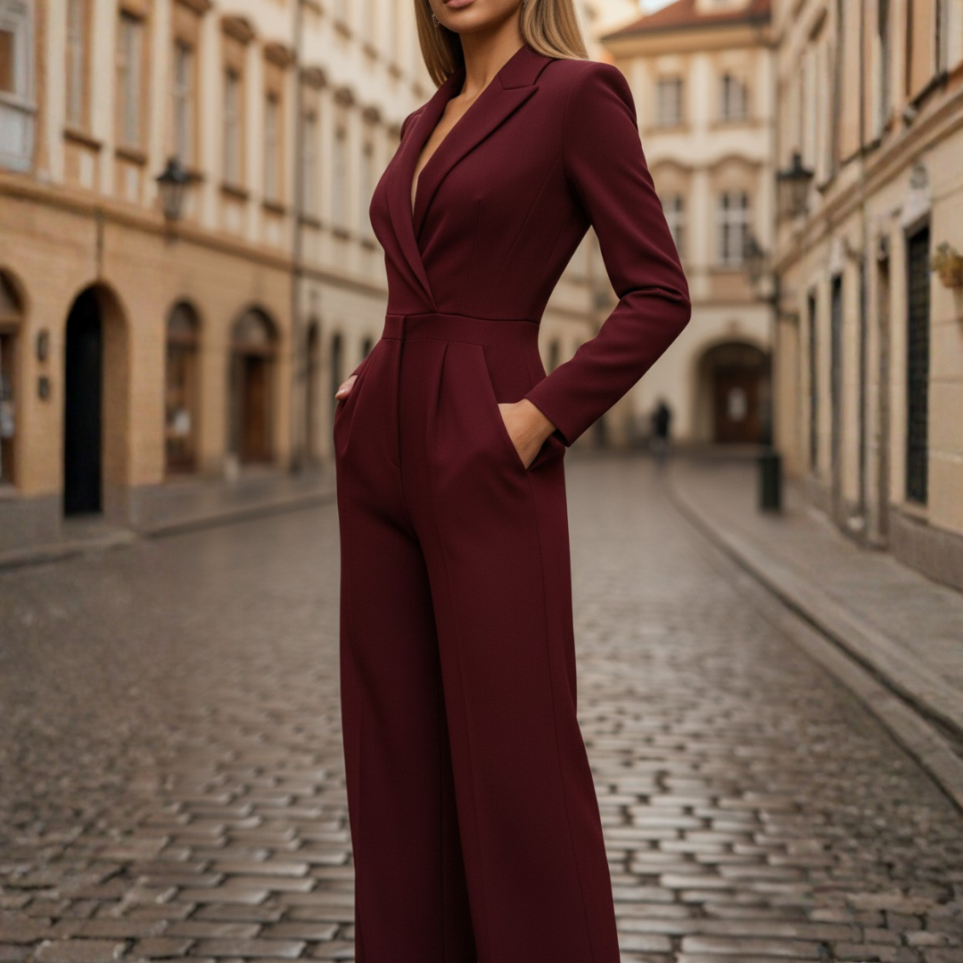 Women's elegant polyester jumpsuit in black, green, red & white — long silhouette for eveningwear