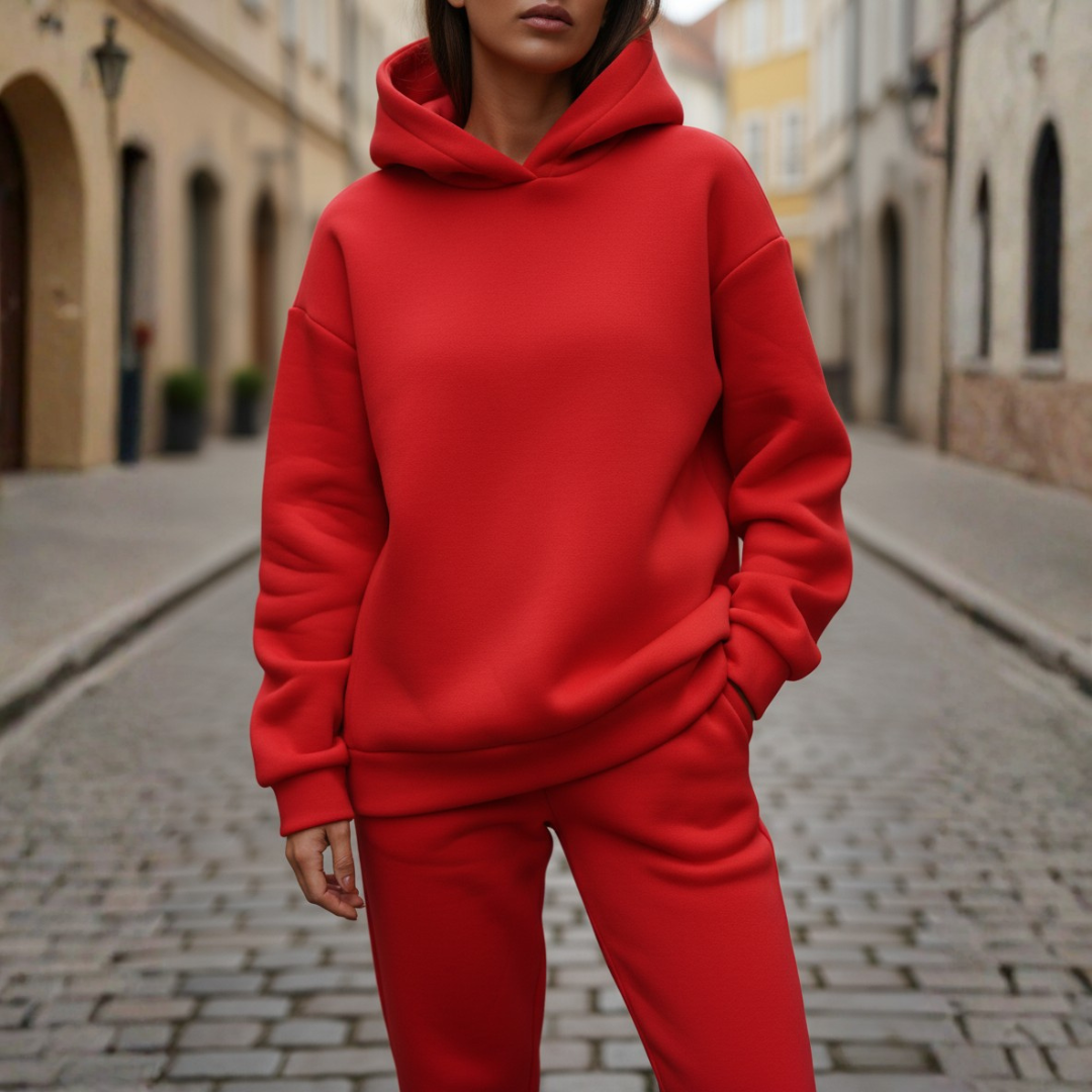 Women's hooded jumpsuit mixed fabric sporty-elegant relaxed fit coordinated set in neutral tones