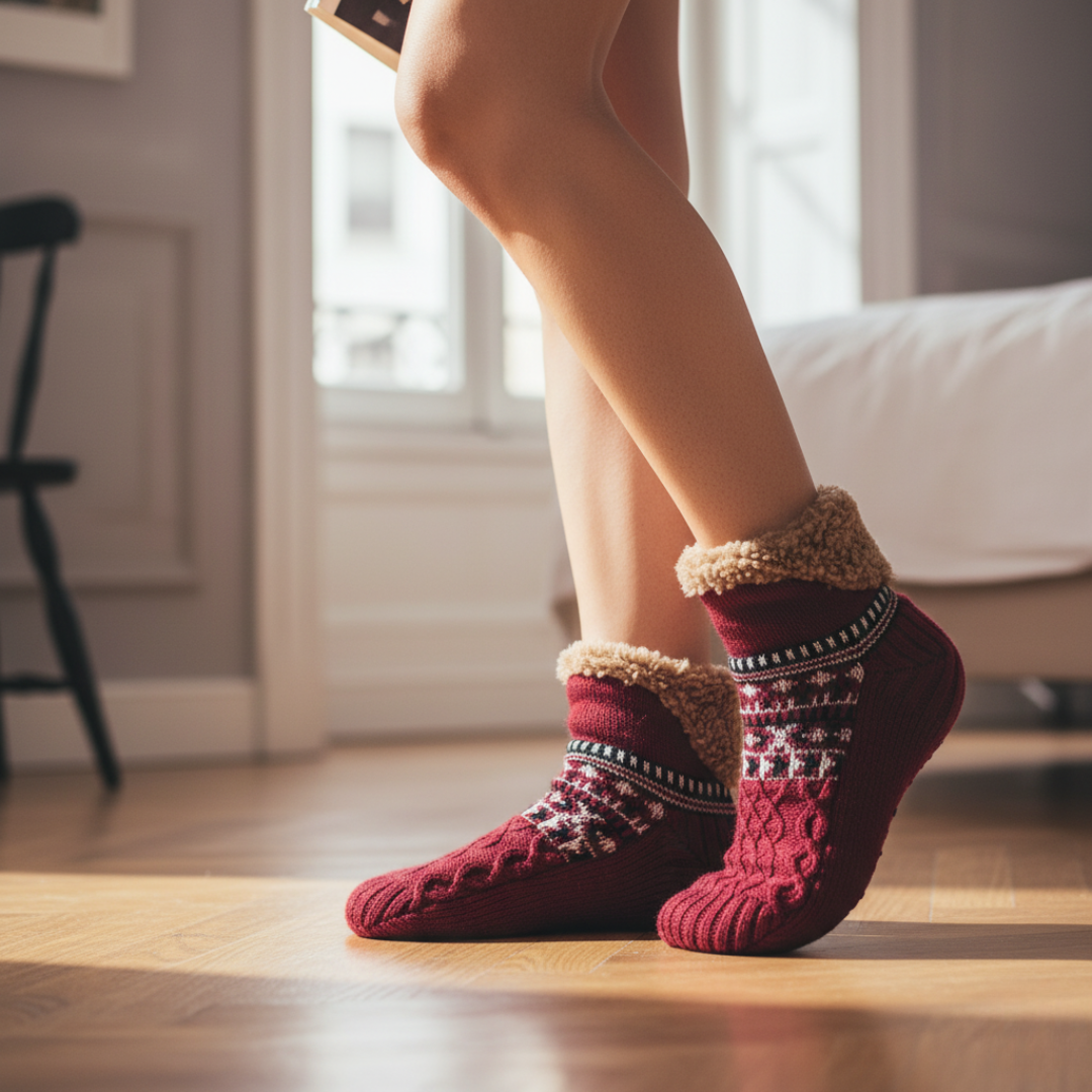 Unisex knitted polyester socks fur-lined top cozy woven pattern soft winter warmth loungewear