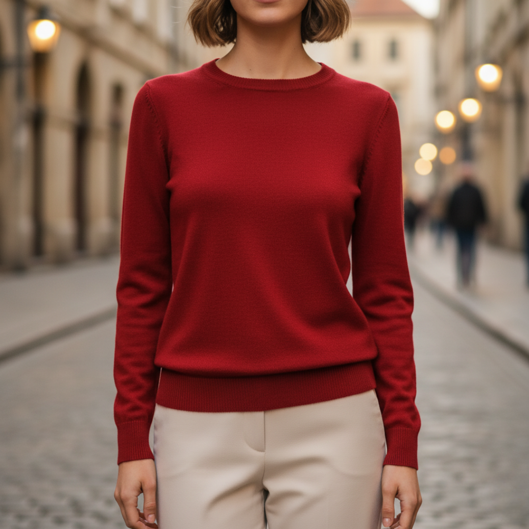 Women's fine knit crew neck sweater, soft slightly fitted silhouette with ribbed cuffs and hem