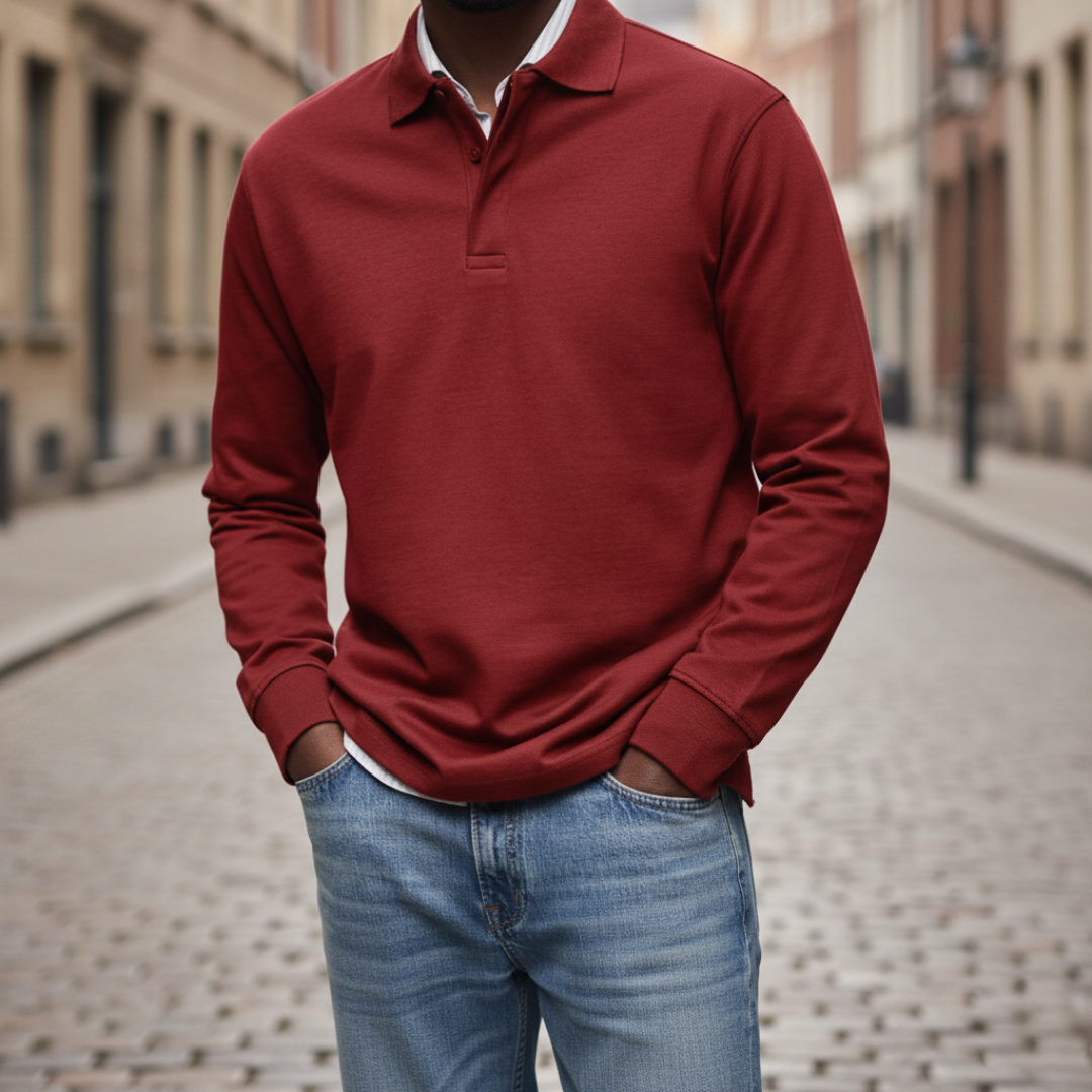 Men's long sleeve polo shirt button collar soft fabric comfortable fit for cooler days