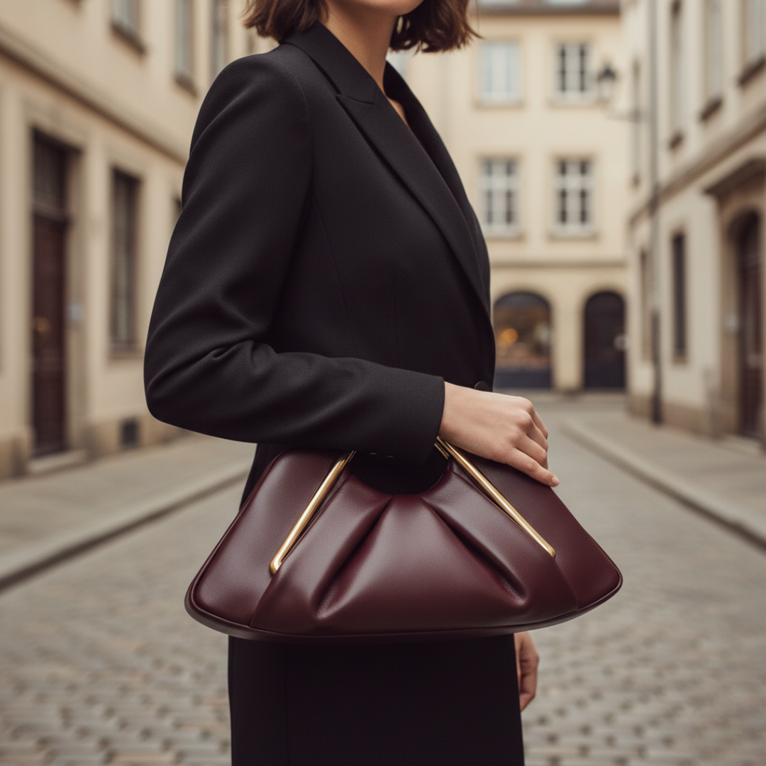 Black faux leather tote bag with gold handle, chic structured design and spacious interior